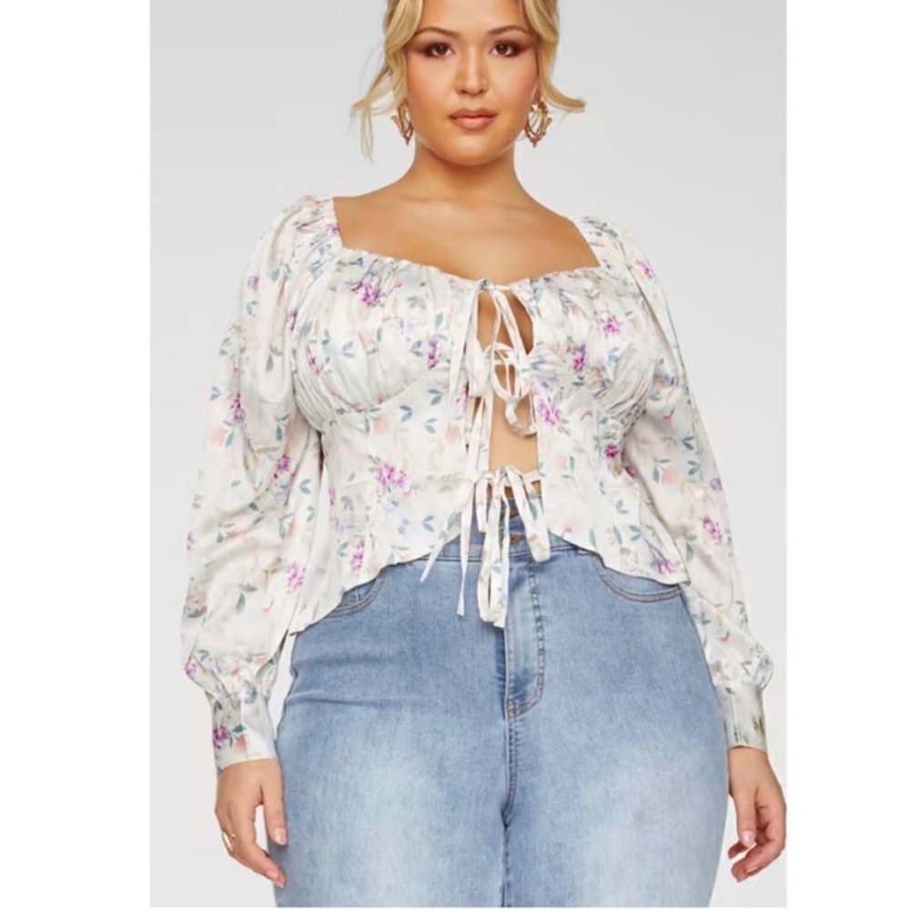 NWT Fashion to Figure Floral Print Tie Front Blouse - White